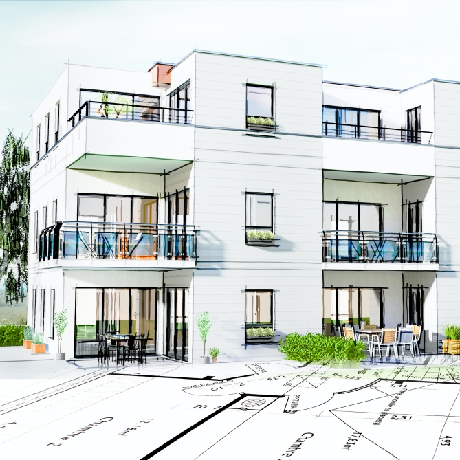 Concept 3D d'un petit immeuble résidence moderne avec balcon et jardin